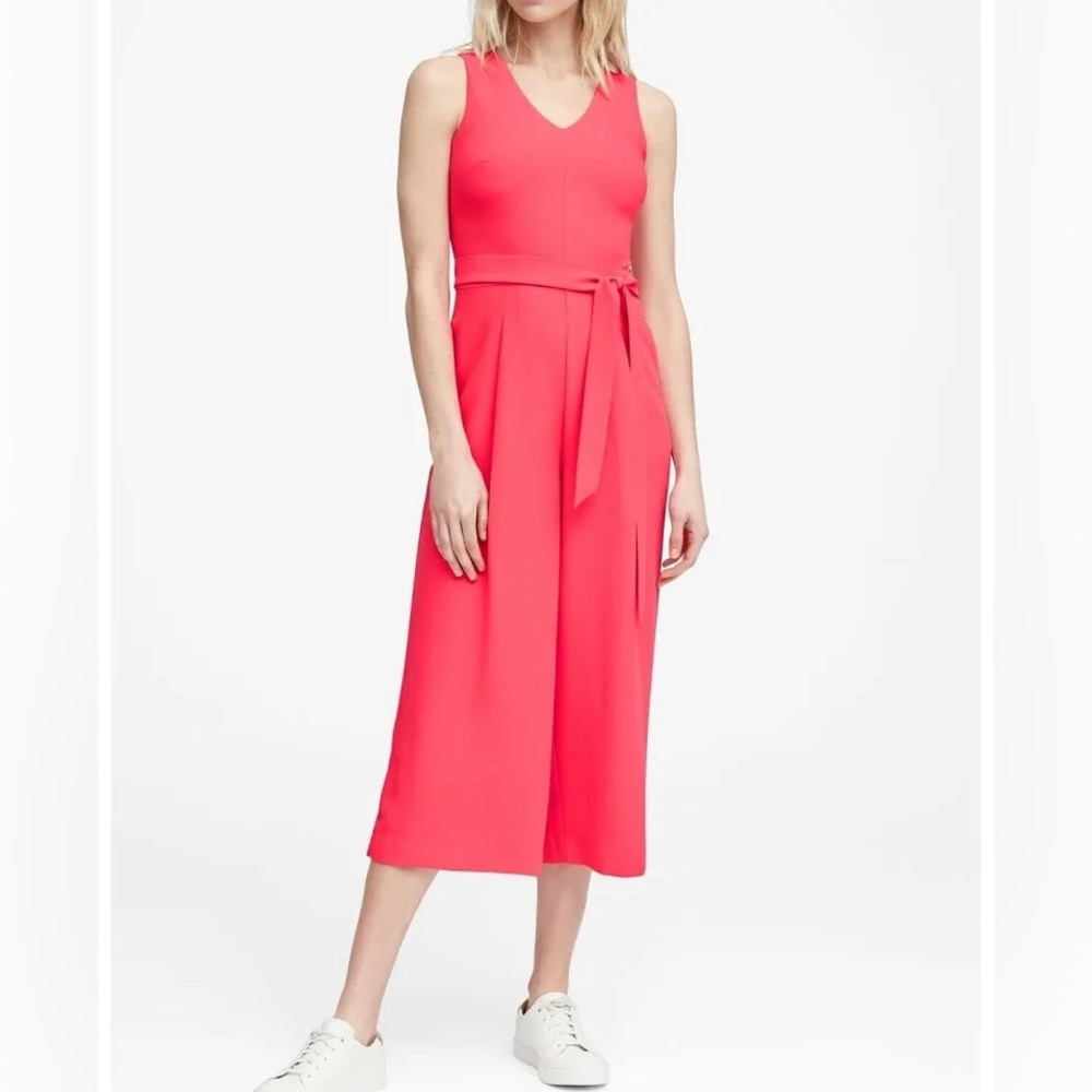 Banana Republic Neon Pink Orange Chic Sleeveless Cropped Jumpsuit Belt Tie Sz 6